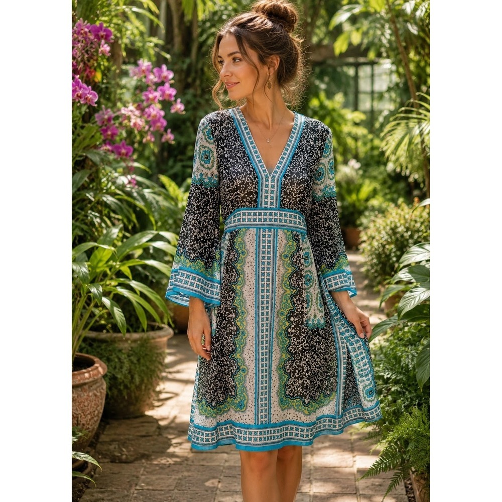Vtg Y2K Kimono Style Dress 6 Blue Black White Paisley Geometric Boho Bell Sleeve